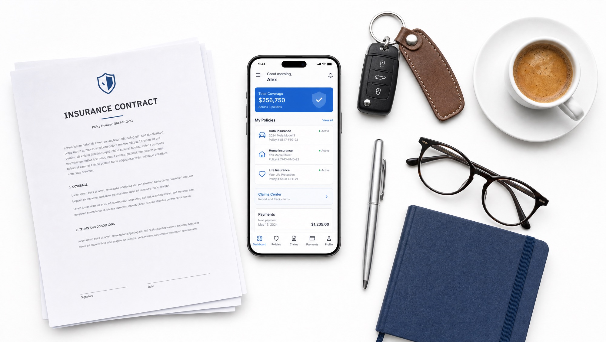 Escritorio con móvil mostrando la app totsafe, contratos, llaves y gafas